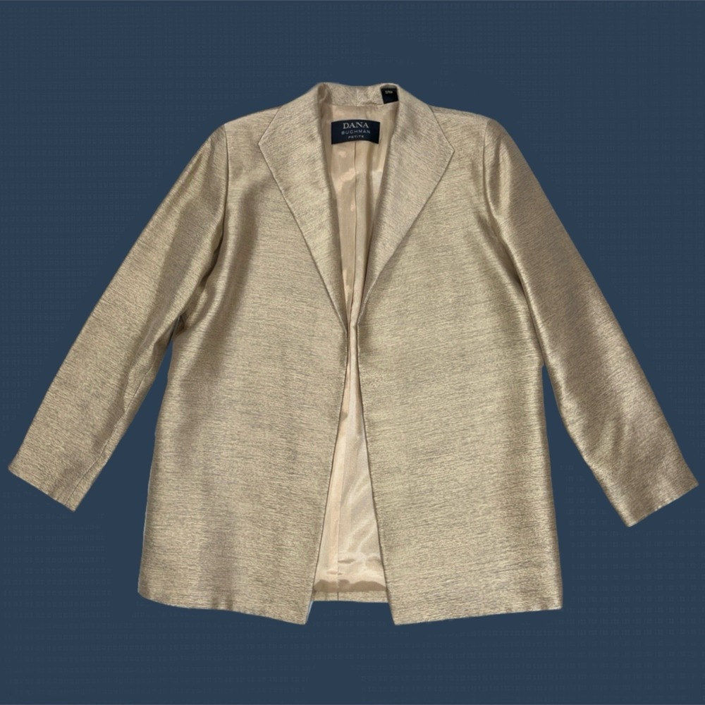 Dana‎ Buchman Open Front Gold Silk Wool Textured Weave Blazer Jacket Petite 4 - Picture 2 of 13